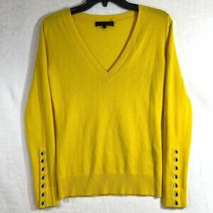 Kelly Wearstler XS Cashmere Yellow Sweater Buttons Belinda V-Neck‎ Preppy Office